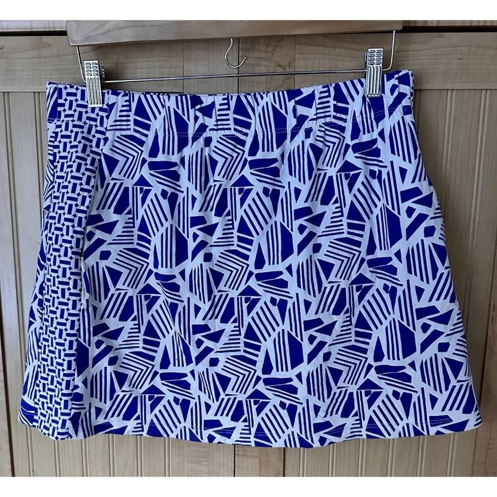 J. McLaughlin Skort Women White Blue Geometric Print Golf Pickleball Preppy Sz L